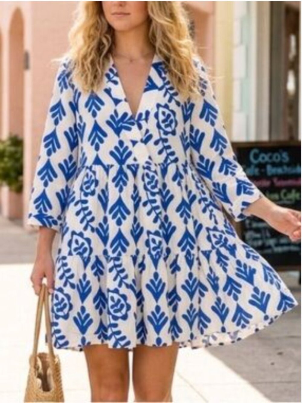 Zara White & Blue Casual Graphic Printed Tiered Flowy Short Dress - sz S